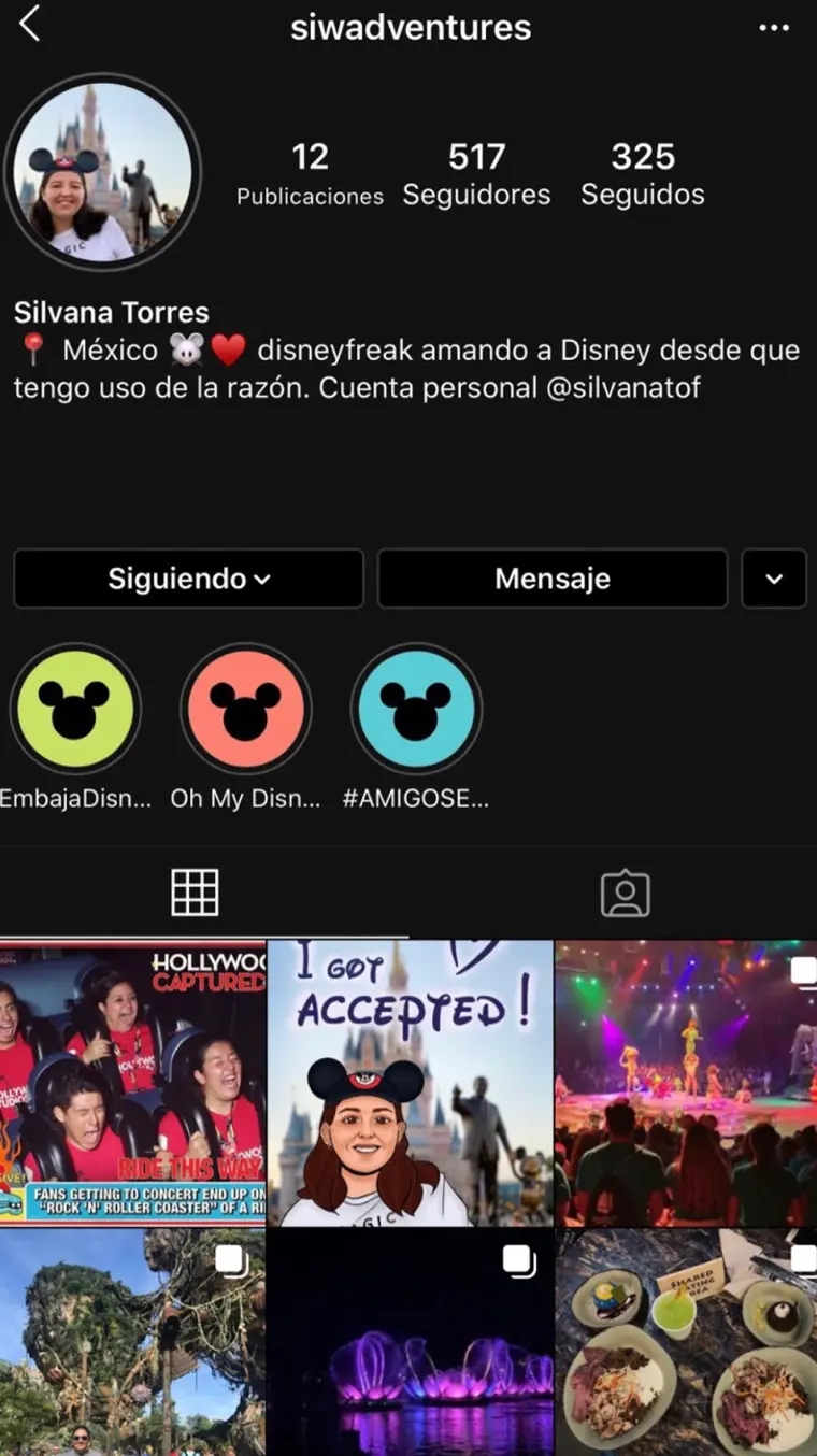 Cuenta de Instagram donde Silvana comparte sus aventuras en Disney