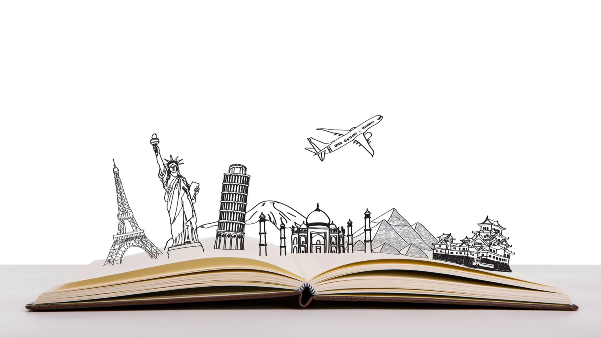 Imagen de libro abierto y lugares del mundo