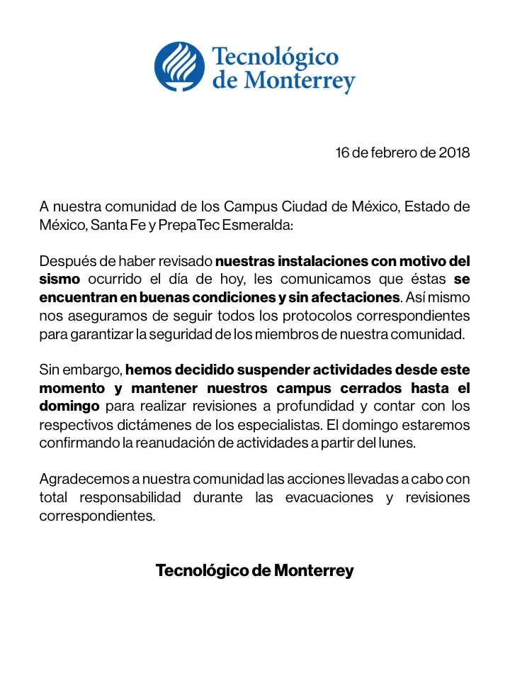 Comunicado sismo 16 febrero