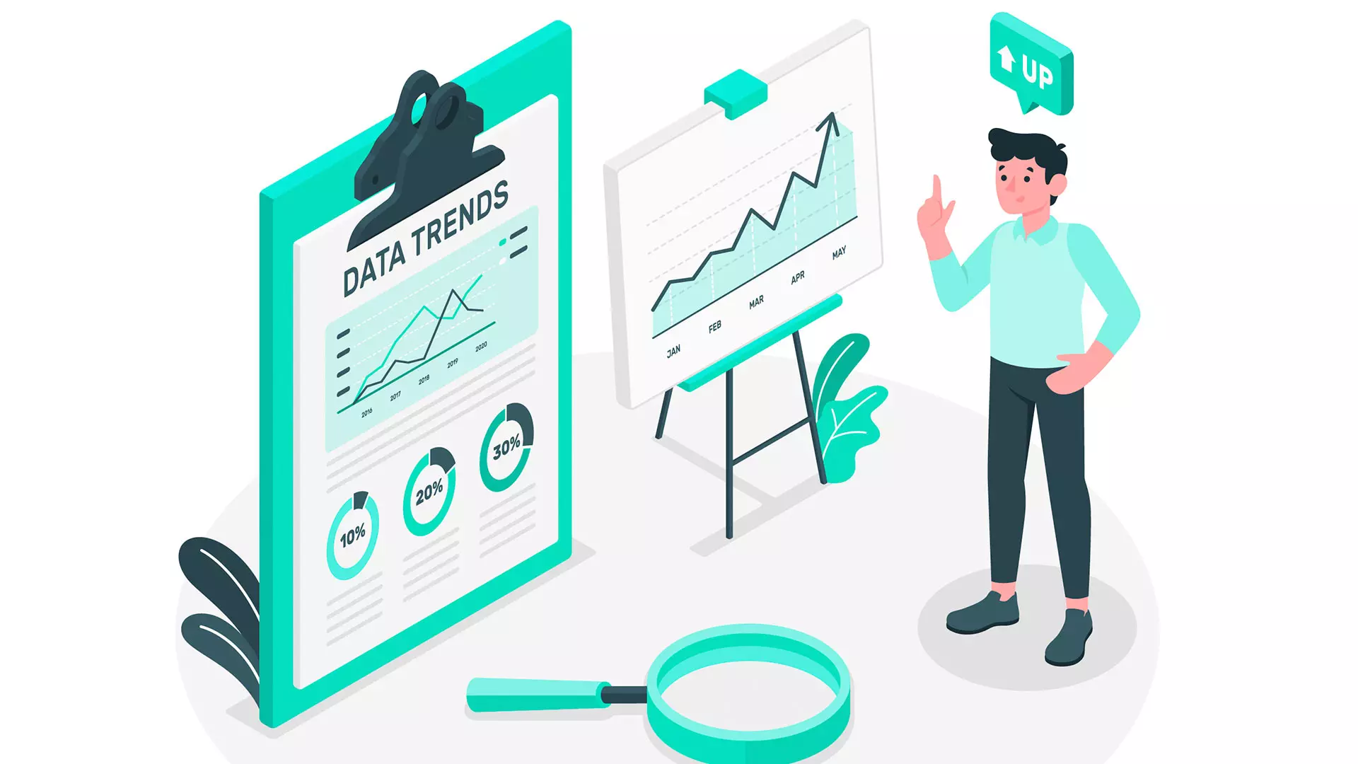 Animación de persona con datos de tendencia en el mercado