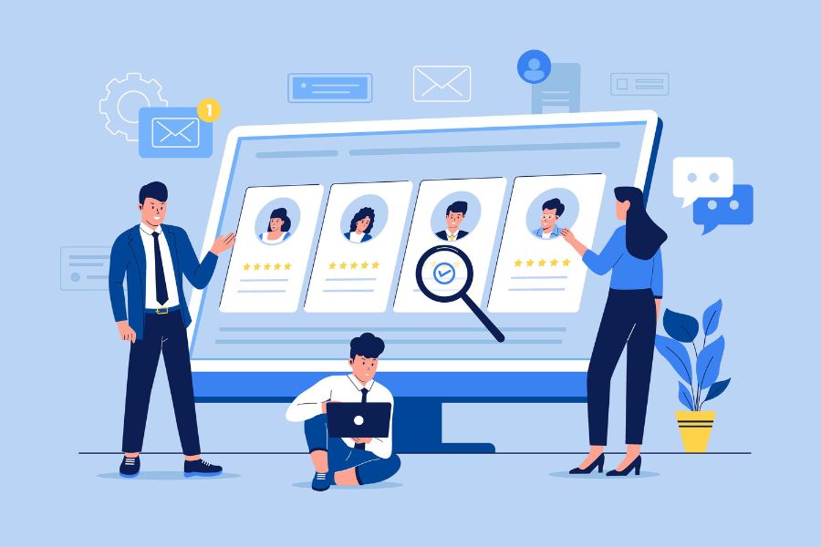 Ilustraci&oacute;n de reclutadores analizando perfiles de candidatos en una pantalla digital, simbolizando entrevistas y procesos de b&uacute;squeda de empleo.