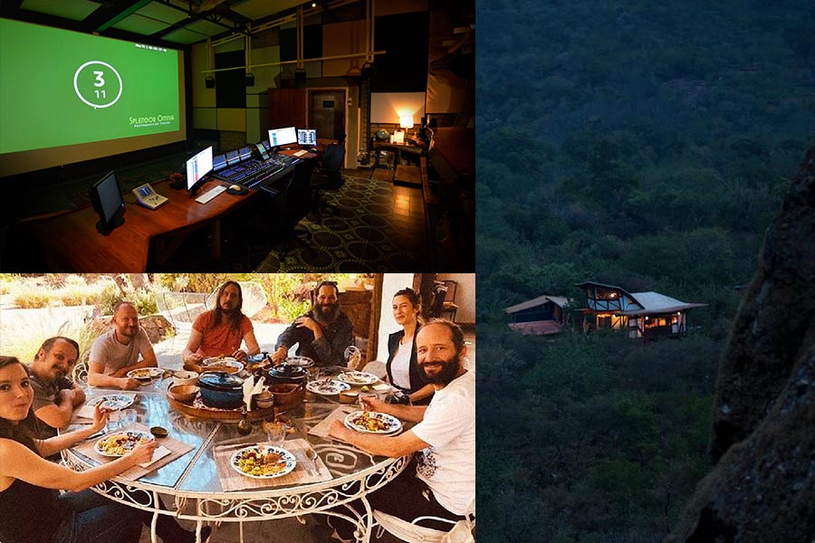 Carlos Reygadas con Carlos Cortés y el equipo de audio de la película The Sound of Metal, en las instalaciones de su estudio Splendor Omnia, enclavado en el bosque de Tepoztlán, México.