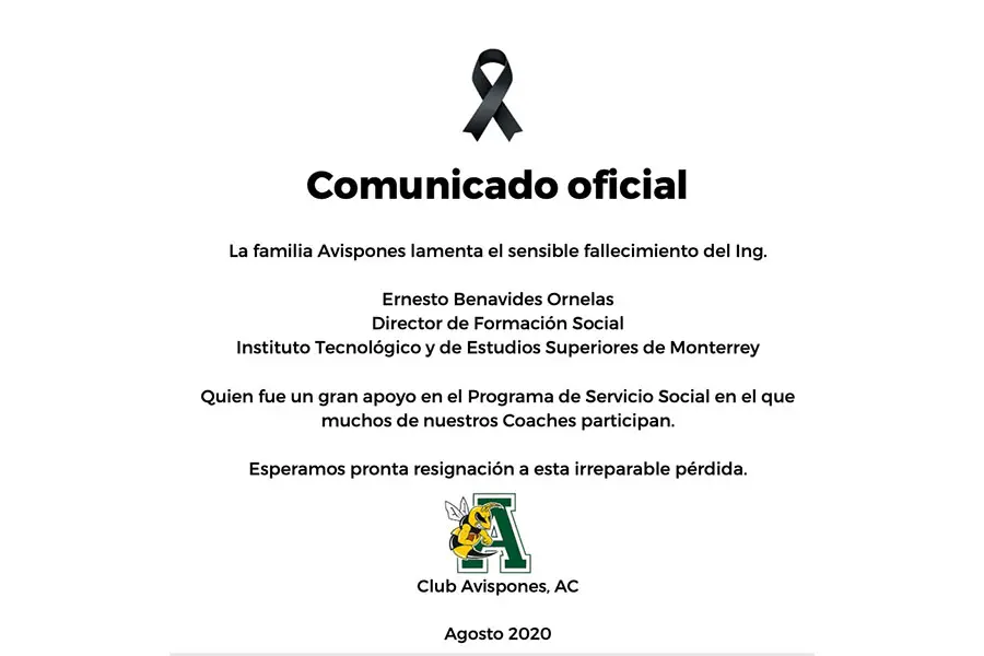 Mensaje condolencia Ernesto Benavides Club Avispones