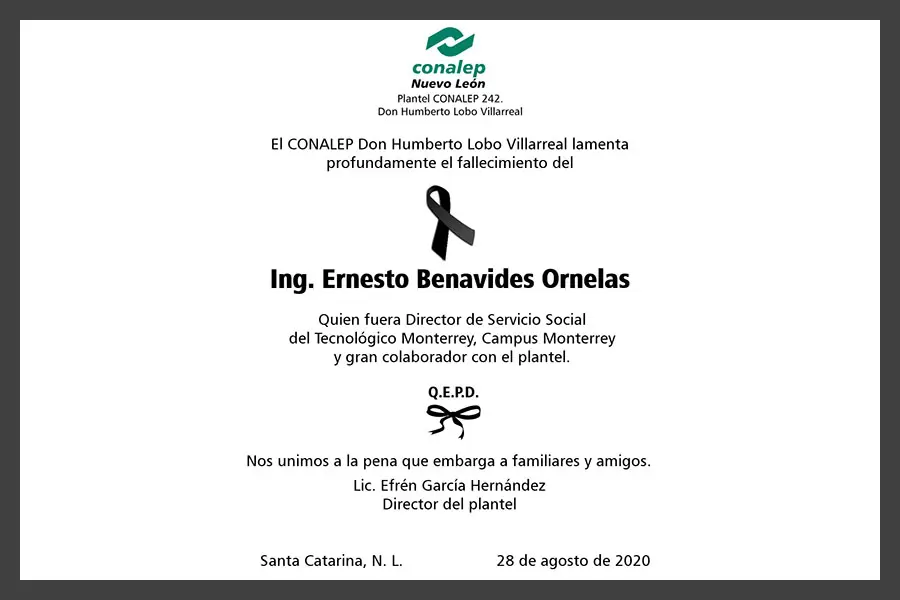 Mensaje condolencia Ernesto Benavides CONALEP