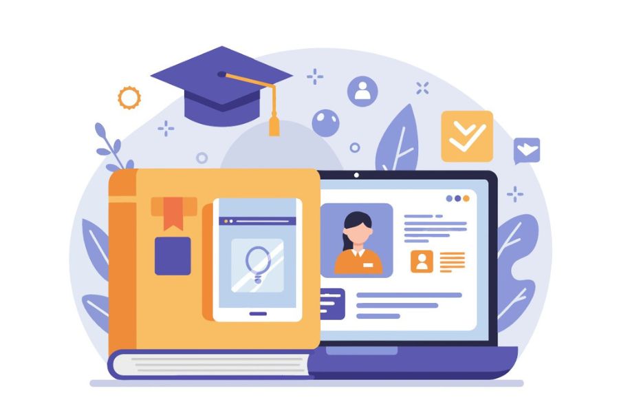 Ilustración sobre conocimiento especializado y aprendizaje académico en línea, con cursos técnicos, credenciales digitales y formación profesional.