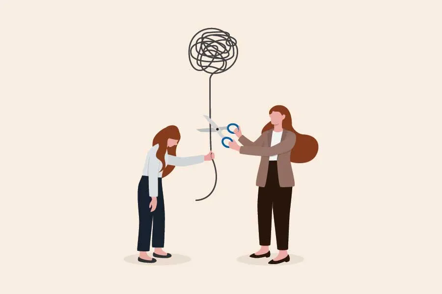 Ilustración conceptual sobre ayudar a otra persona a no darle vuelta a sus problemas o necesidades emocionales