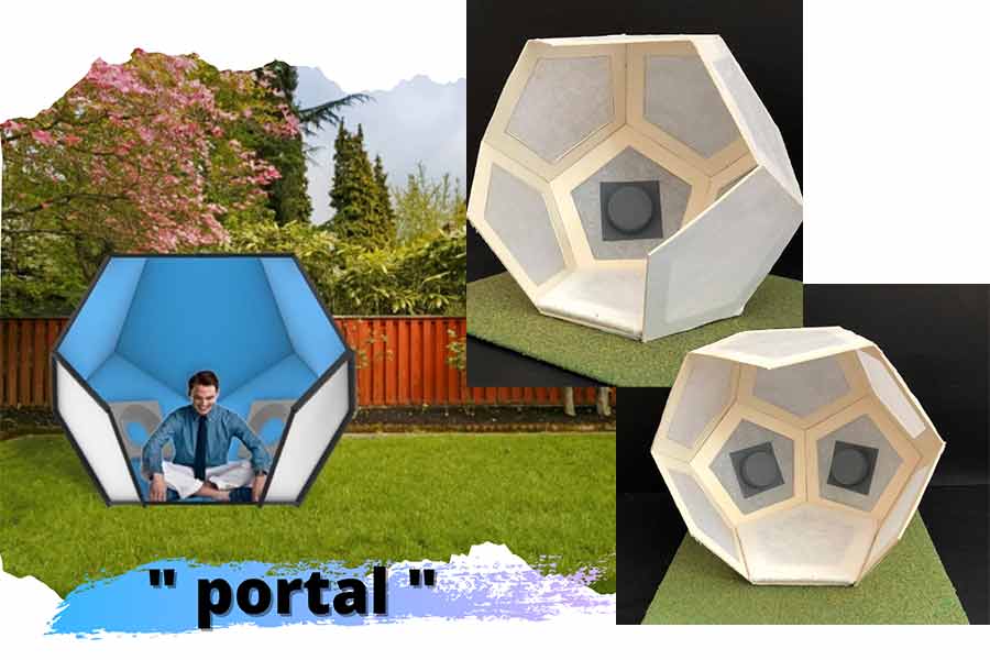 Habitáculo creado por alumnos. Propuesta: Portal. Al lado derecho, maqueta a escala