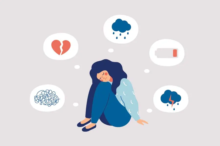 Ilustración de chica joven rodeada de aspectos que le preocupan o la hacen sentir mal