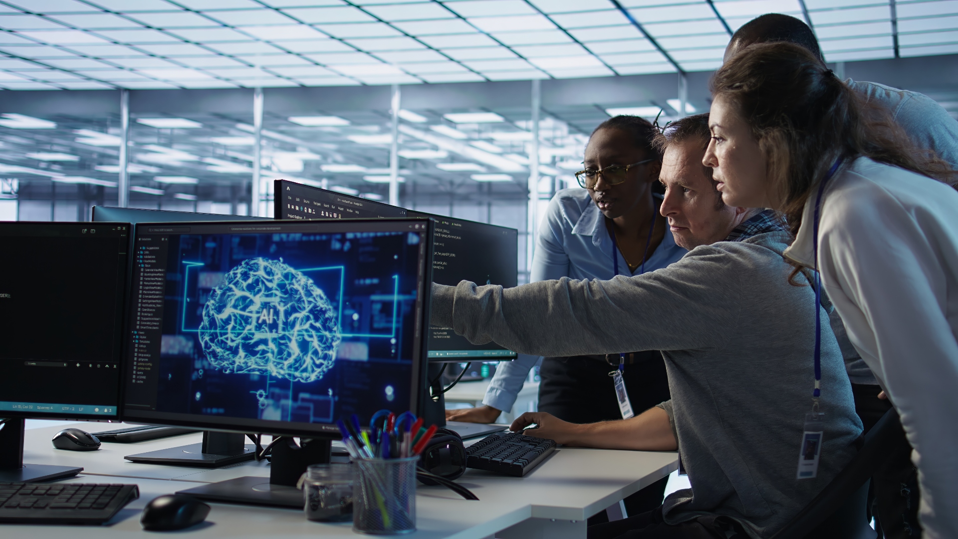 cuaro personas revisan trabajo en una computadora, en la que usan IA 