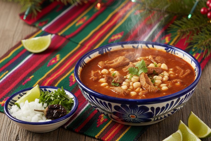 Menudo rojo servido en tazón de talavera con cebolla, cilantro y chiltepín, platillo tradicional de Navidad en el norte de México