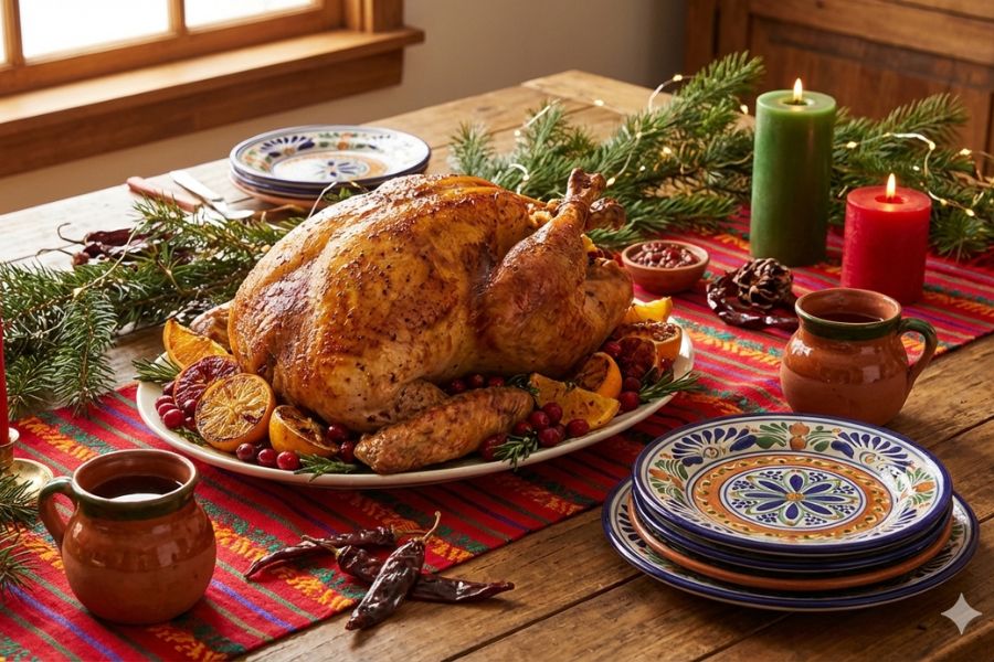 Pavo navideño horneado servido en una mesa con decoración mexicana, acompañado de frutas, velas y vajilla de talavera para la cena de Navidad.