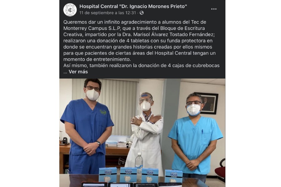 Publicación de Facebook realizada por el Hospital central en agradecimiento al donativo 