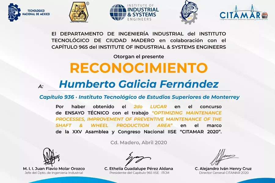 Reconocimiento electrónico del segundo lugar obtenido por Humberto Galicia.