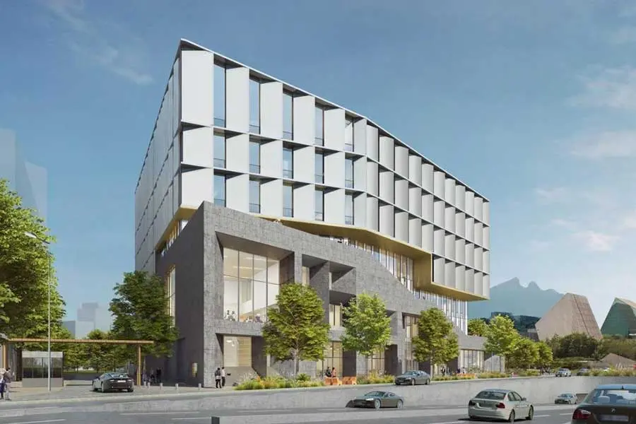 Render de cómo se visualizará el edificio Expedition del Tec, desde la Avenida Eugenio Garza Sada en Monterrey