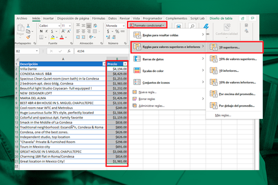 Resalta los valores más altos/bajos en Excel