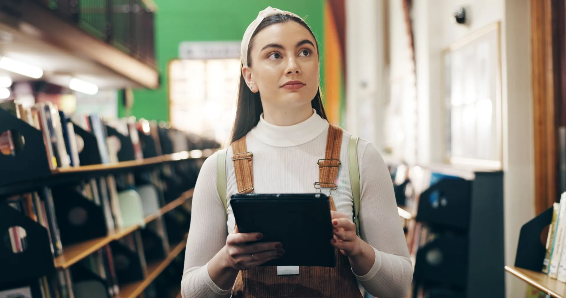 Joven en biblioteca consultando tablet.