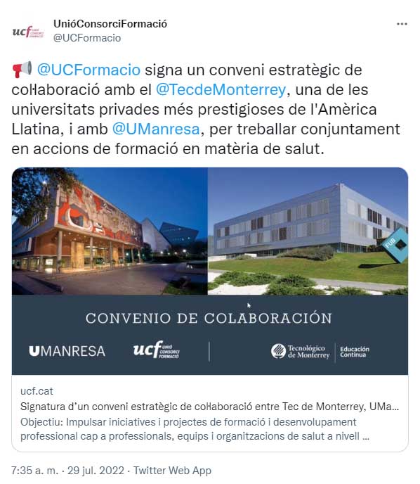 La Unión Consorcio Formación publica firma de convenio en sus redes sociales.