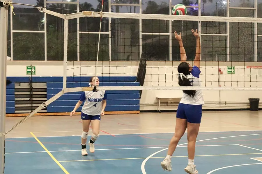Dos chicas jugando voleibol. 