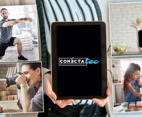 Varias fotos con personas realizando actividades en su casa como tomar fotos, transmitir en línea, haciendo ejercicio y cocinando