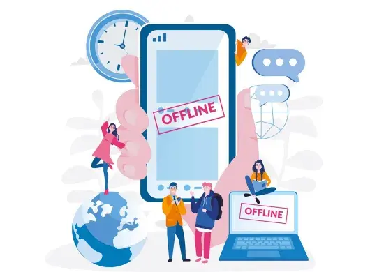 Ilustración donde sobresale una mano que sostiene un celular, con la frase Offline, para acentuar la necesidad de un detox digital