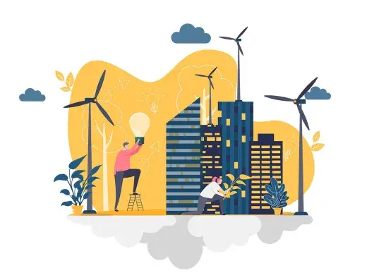 Ilustración de dos jóvenes en una ciudad sustentable, con uso de energía eólica