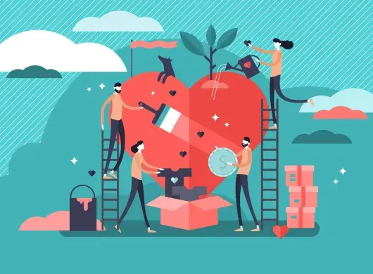 Ilustración conceptual de jóvenes trabajando en diversas obras filantrópicas, alrededor de un corazón