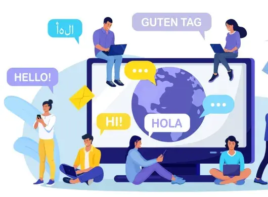 Ilustración de jóvenes aprendiendo diversos idiomas