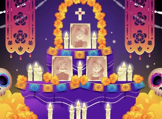 Ilustración de un altar de muertos