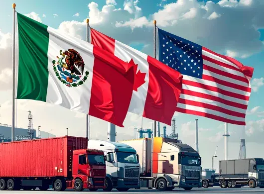 Banderas de México, Estados Unidos y Canadá en un entorno industrial hacen referencia al T-MEC