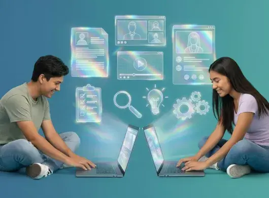 Jóvenes universitarios usando laptops con iconos de CV, entrevistas y habilidades laborales, ilustrando la preparación y búsqueda de su primer empleo