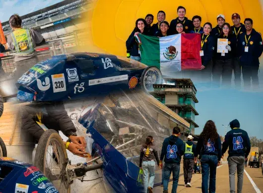 Collage de fotos de estudiantes de ingeniería del Tec de Monterrey campus Laguna en Shell Eco-marathon de Indianápolis