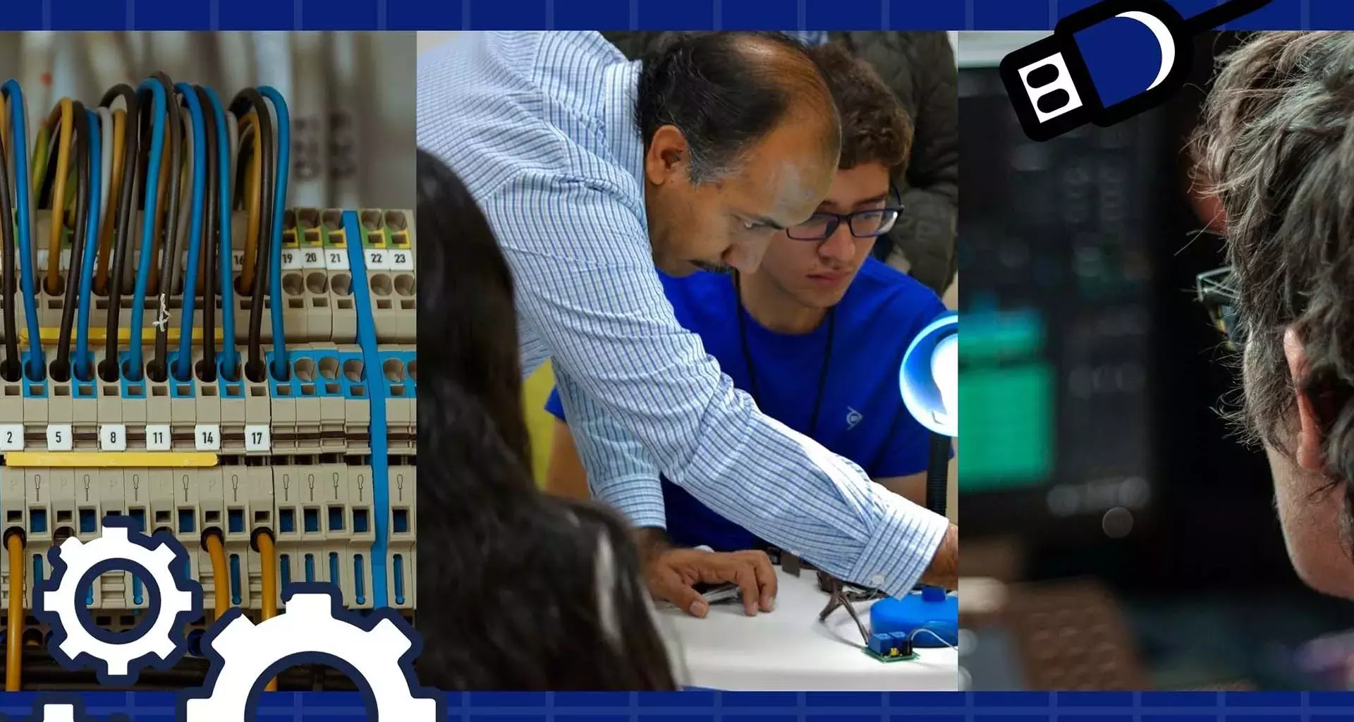 Equipo de ingeniería, profesor explicando y alumno trabajando desde casa