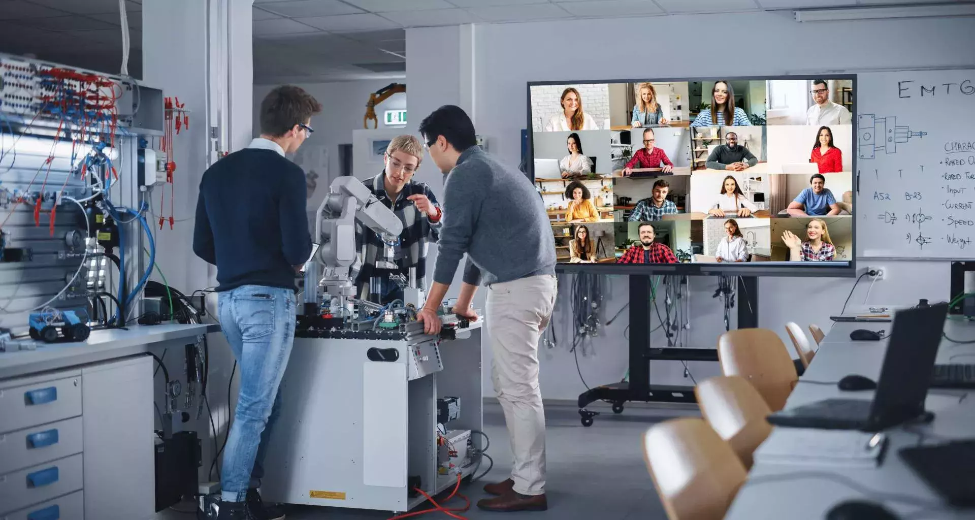 Engineering class laboratory, with 3 face-to-face students and various students in virtual mode that are displayed on a large screen in the background, an example of cyber-physical learning