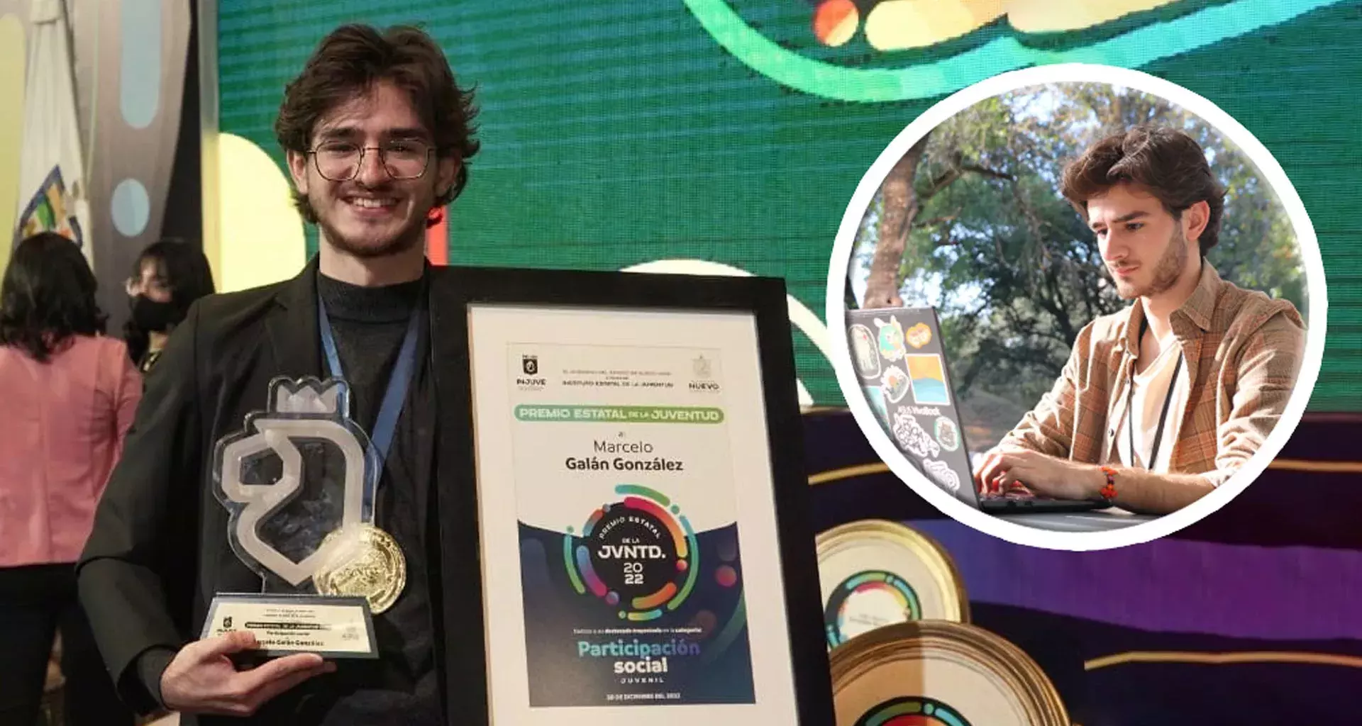 El alumno Marcelo Galán sostiene su premio en la categoría de Participación Social.