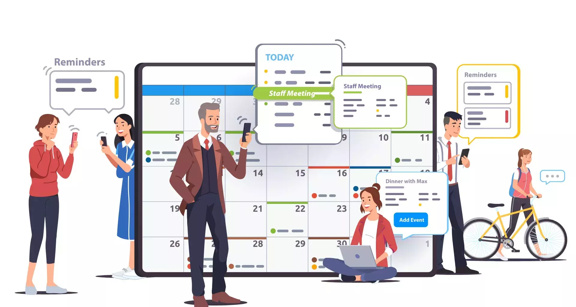 Ilustración con personas organizándose con calendarios en sus tablet y teléfonos celulares