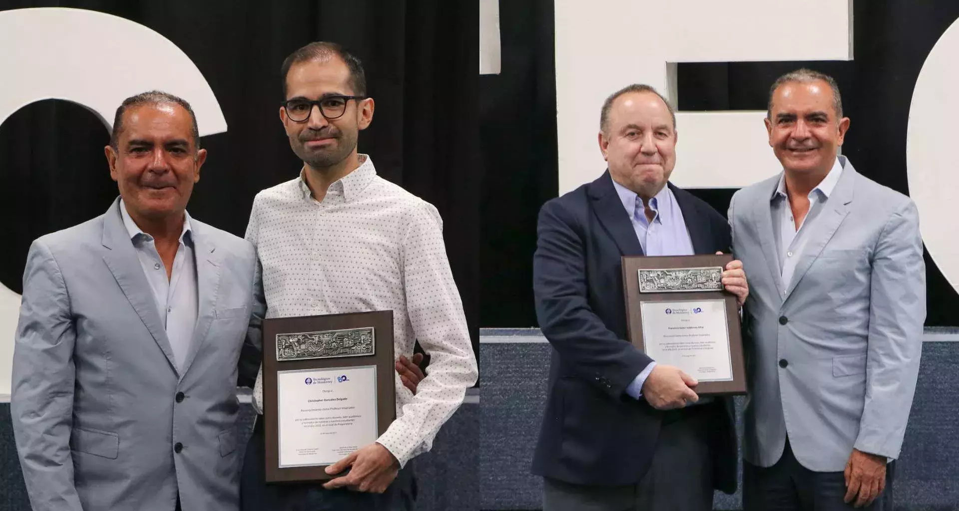 Profesores Christopher González y Francisco Valderrey recibiendo el premio en el Tec campus León