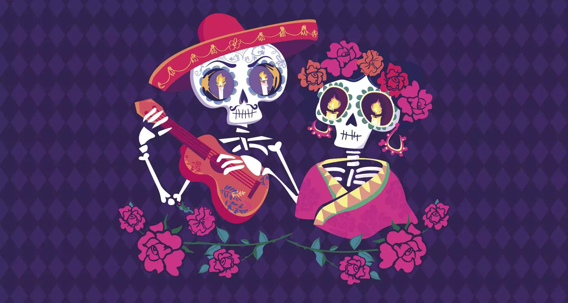 Animación de dos calaveras con vestimenta alusiva al Día de Muertos.