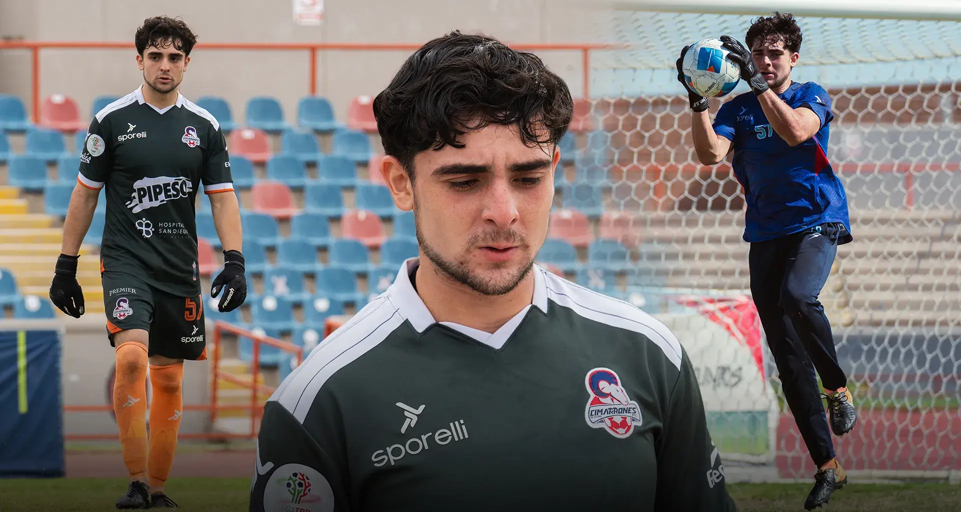 Montaje de tres fotos de Abraham Soqui portando su uniforme de fútbol. 