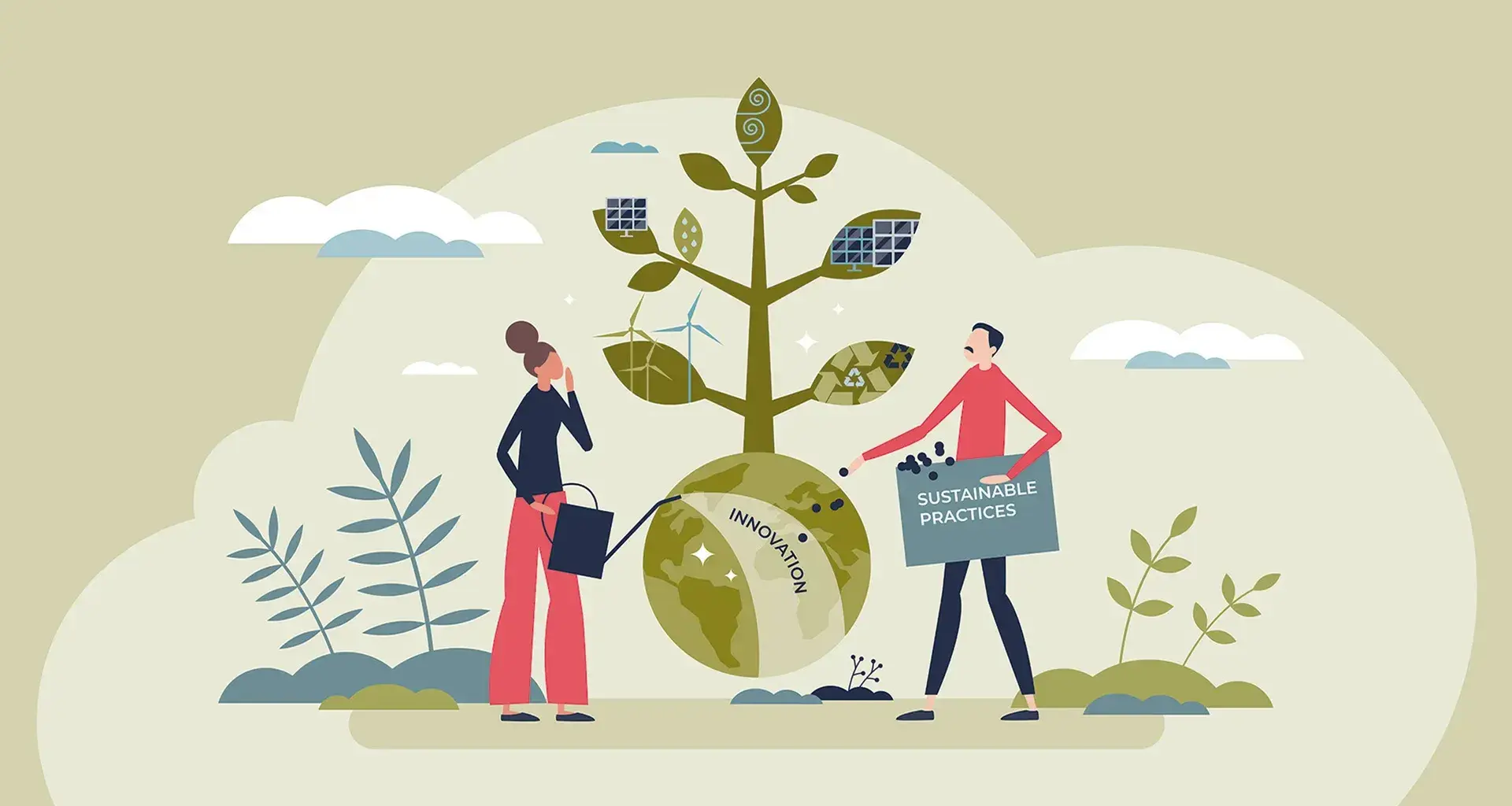 ilustracion de un hombre y una mujer cuidando el planeta