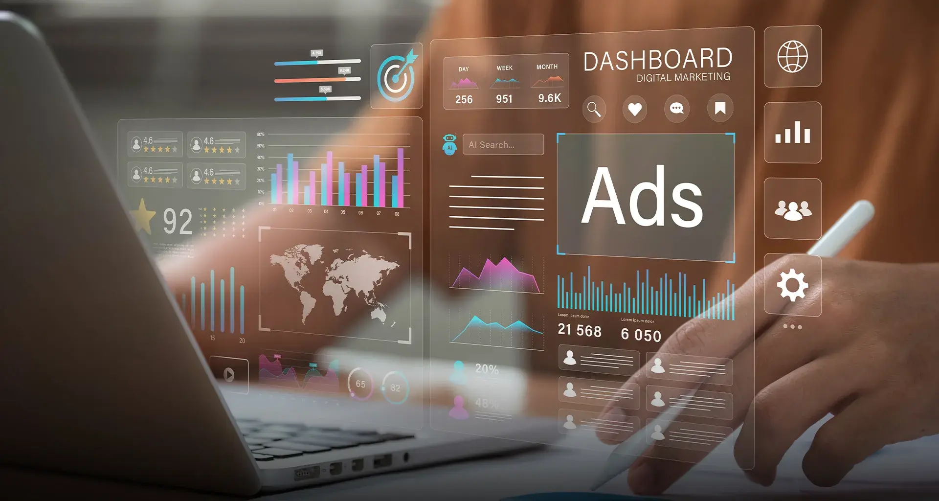 Closeup de una laptop y un cuerpo humano sentado frente a ella, con gráficas semitransparentes superpuestas que muestran métricas de publicidad.