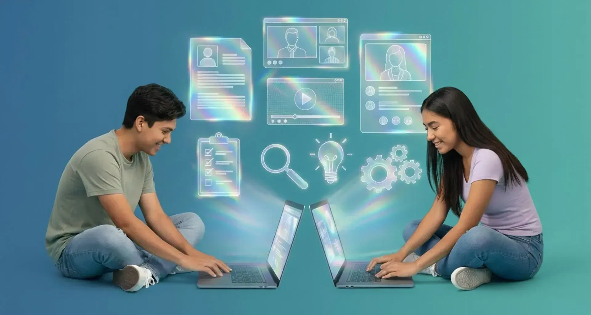 Jóvenes universitarios usando laptops con iconos de CV, entrevistas y habilidades laborales, ilustrando la preparación y búsqueda de su primer empleo