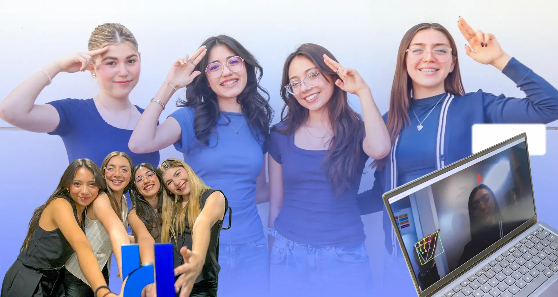 Montaje de fotos, en el fondo cuatro chicas sostienen sus manos con dos dedos extendidos en su frente; a la izquierda, una foto de las mismas cuatro chicas sosteniendo un trofeo en forma de la letra H; y a la derecha, una laptop que muestra una persona haciendo una seña con su mano en la pantalla.