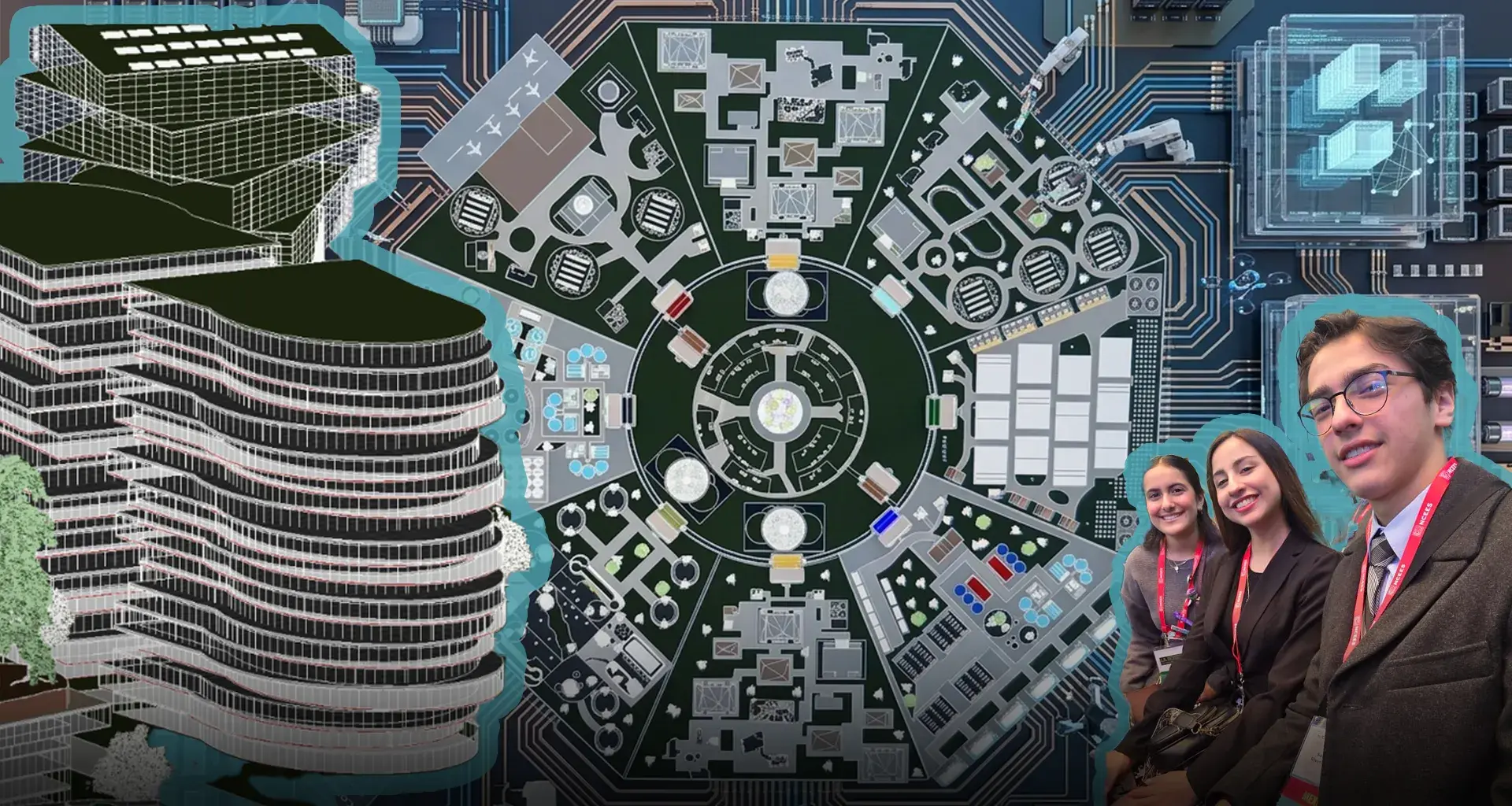 Imagen de un plano de una ciudad futurista con una imagen de estudiantes sobrepuesta.