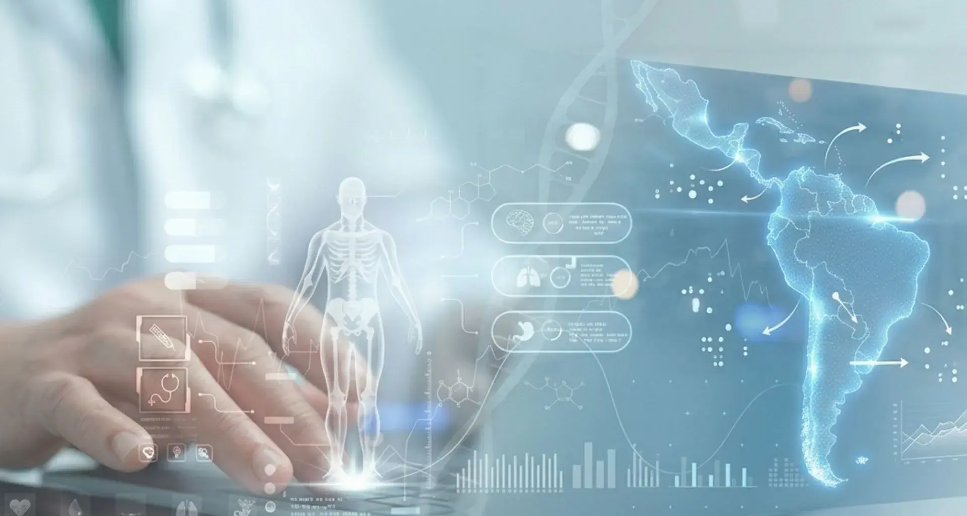 médico, desenfocado en el fondo, trabajando en una computadora portátil con una pantalla táctil. Un gran panel holográfico azul proyecta datos complejos y gráficos sobre la pantalla. Estos gráficos incluyen una visualización en 3D del cuerpo humano con la columna vertebral, un mapa del mundo con puntos de datos globales y gráficos de líneas