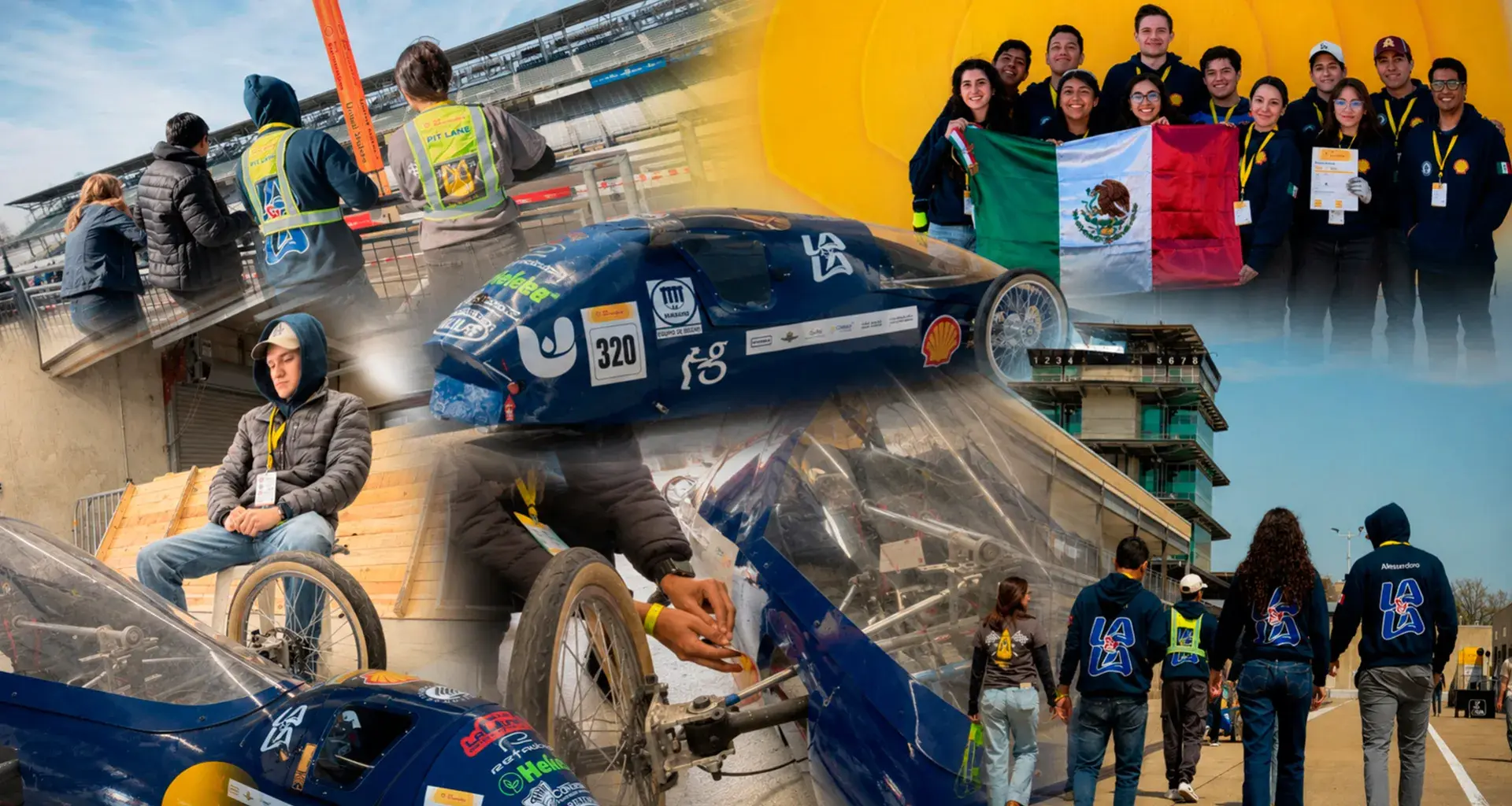 Collage de fotos de estudiantes de ingeniería del Tec de Monterrey campus Laguna en Shell Eco-marathon de Indianápolis