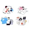 Ilustración de jóvenes realizando actividades como compras, ahorro, uso de tarjeta de crédito