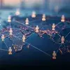 Mapa del mundo con gráficos de personas conectados por líneas.