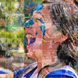 Mosaico de fotos que formar una mujer sonriente