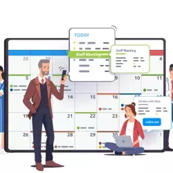 Ilustración con personas organizándose con calendarios en sus tablet y teléfonos celulares