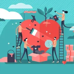 Ilustración conceptual de jóvenes trabajando en diversas obras filantrópicas, alrededor de un corazón